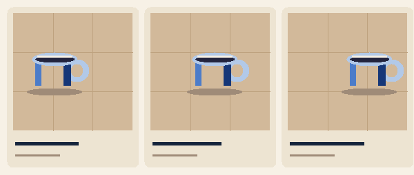 Three editorial diagrams of the same blue ceramic cup: centred, aligned to a third, and shifted to leave large negative space for copy
