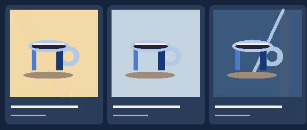 Three stylised comparisons of the same blue cup in warm side light, diffuse overcast light, and dramatic blue-hour light