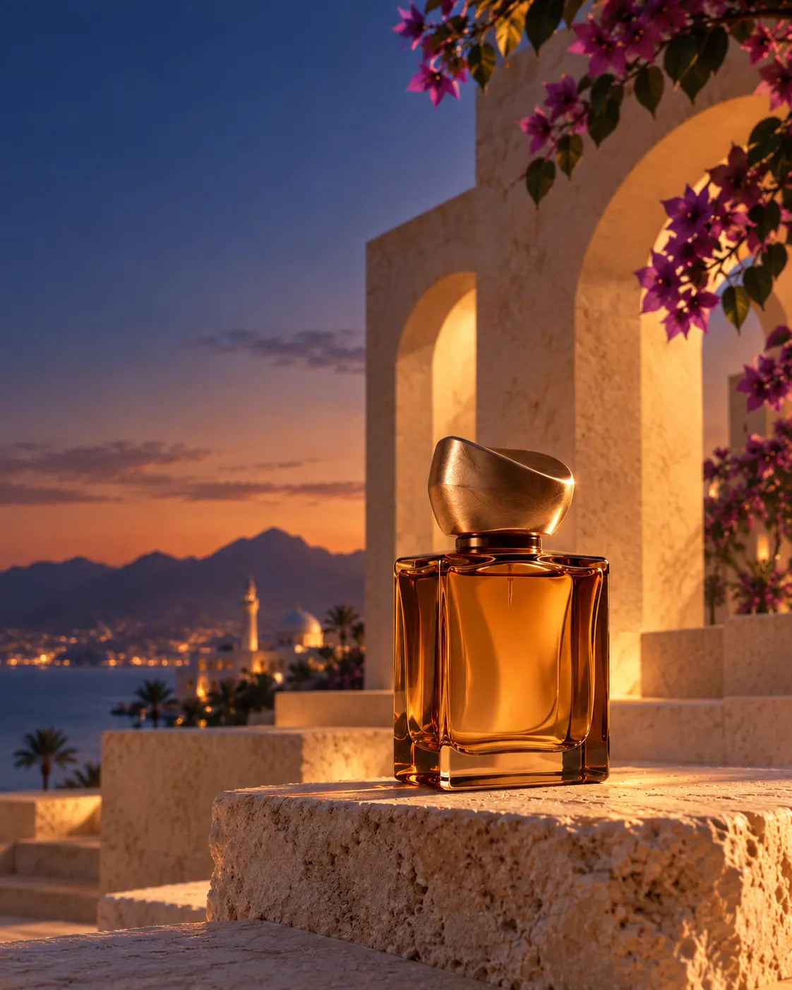 Finished campaign image of an amber fragrance bottle against illuminated limestone arches at blue hour