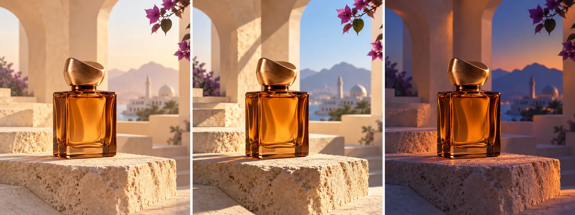 The same amber fragrance bottle shown in soft morning light, hard daylight and dramatic blue-hour light