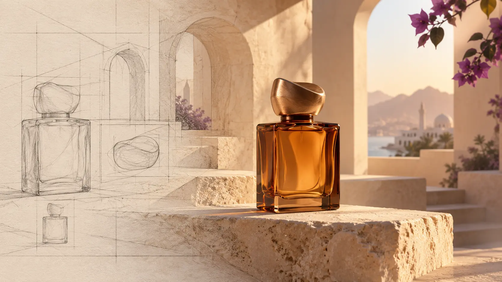 An amber fragrance bottle in a warm Omani architectural setting transitioning from a pencil sketch into a polished product photograph